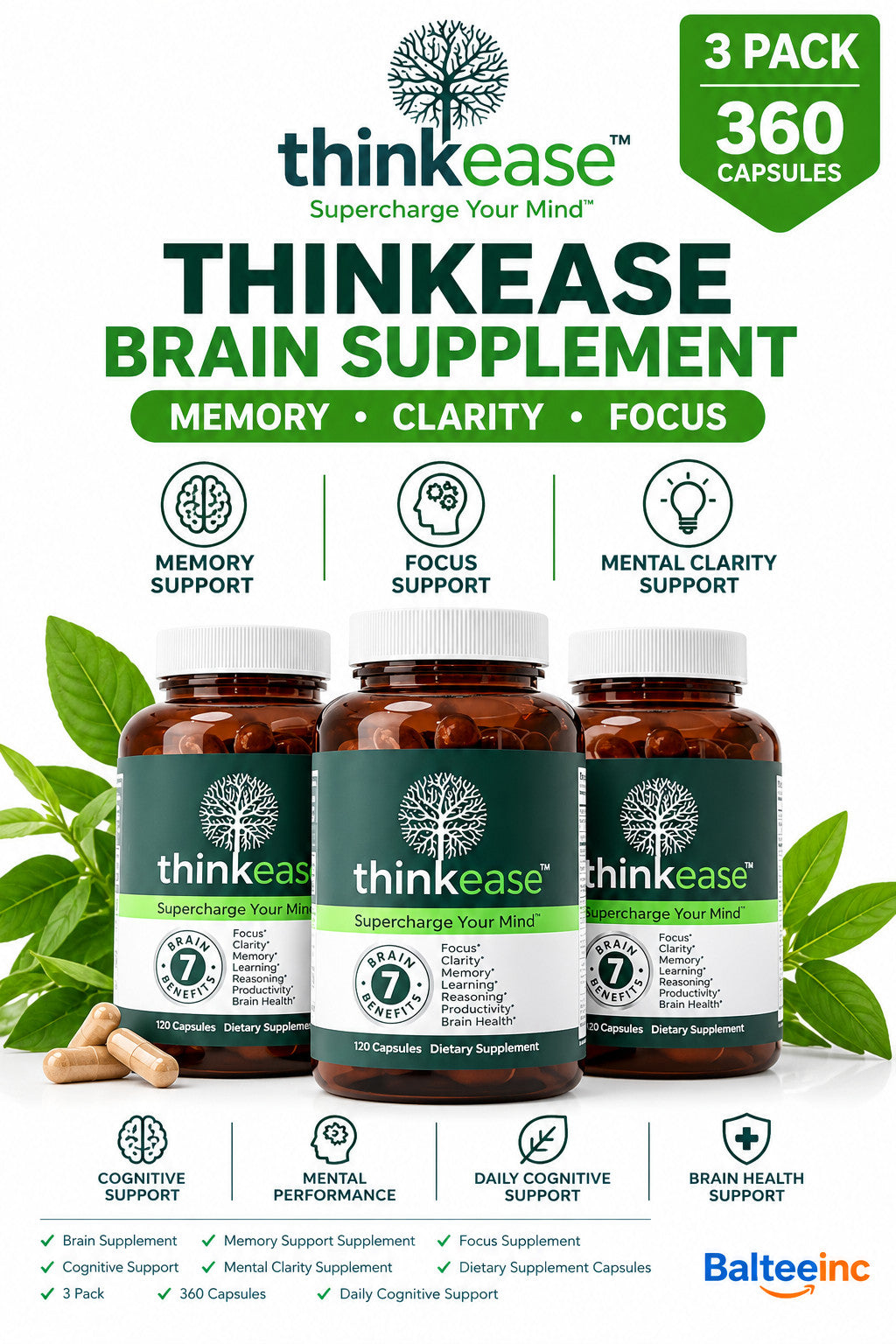 3X ThinkEase Brain Supplement 360 Capsules Memory Focus Clarity Nootropic - Brain & Focus Supplements product image