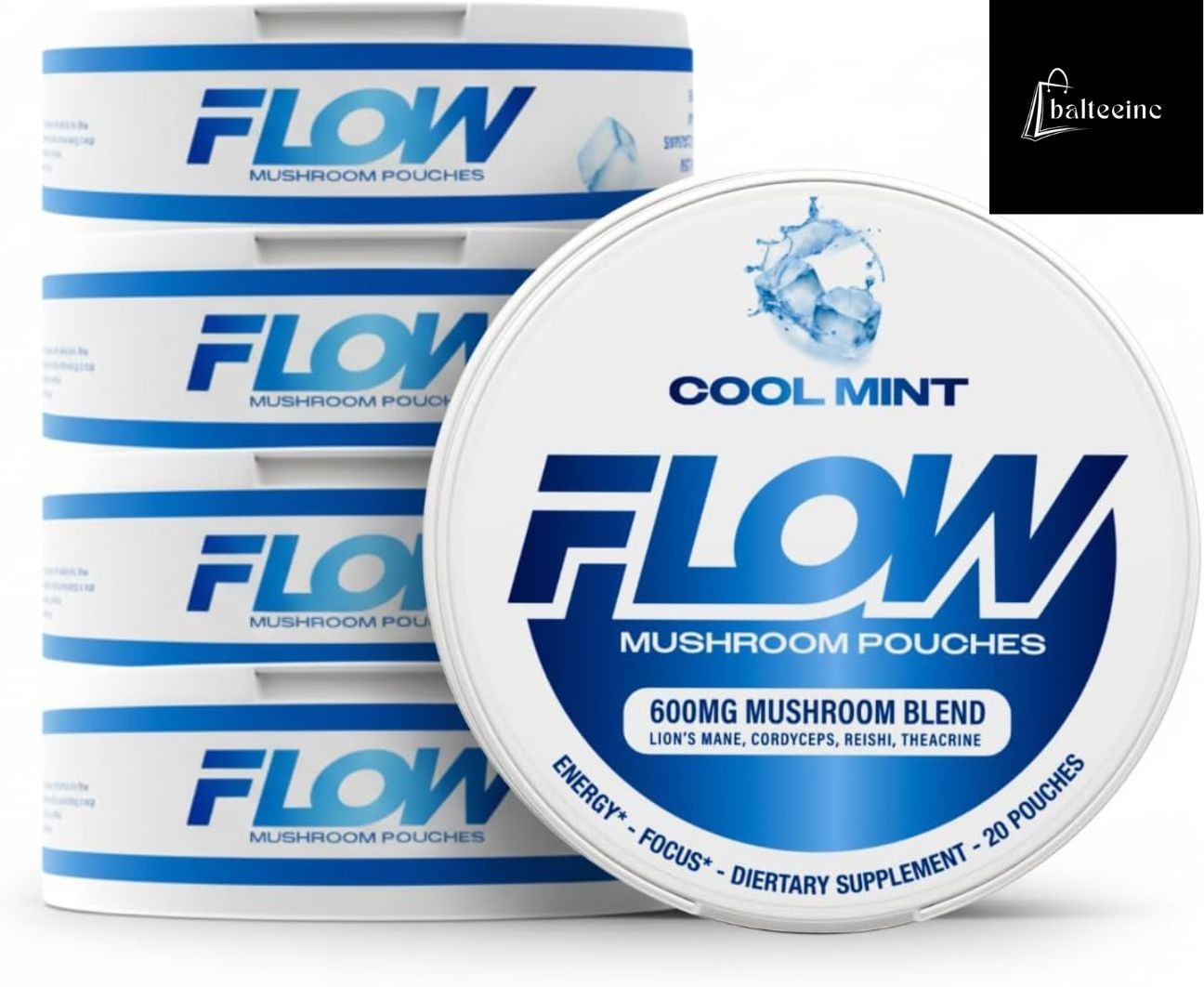 FLOW Mushroom Pouches Cool Mint 6 Pack 600mg Nootropic Energy Focus - Herbal Supplements product image