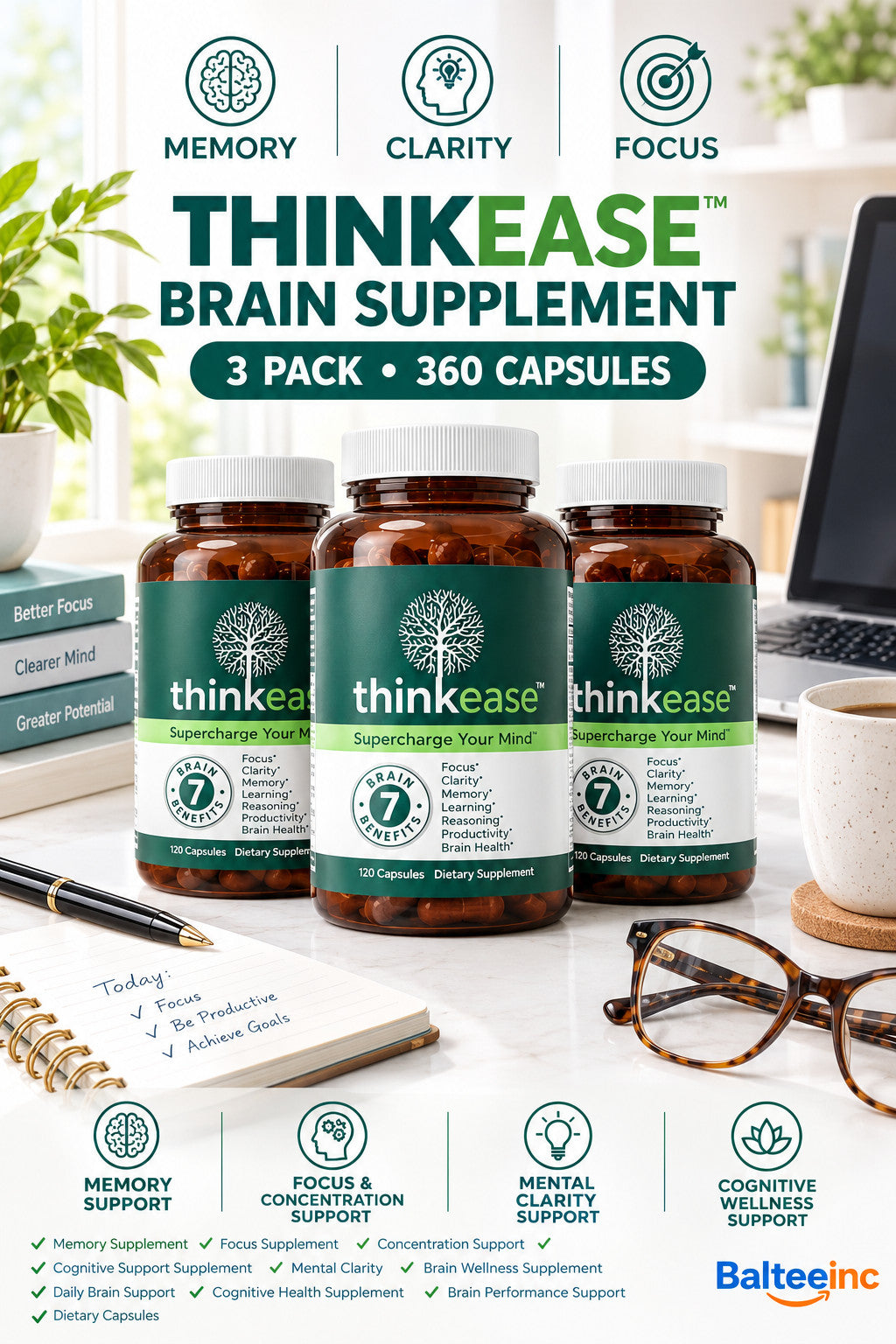 3x ThinkEase Brain Supplement 360 Capsules | Memory, Clarity Focus Performance - Brain & Focus Supplements product image