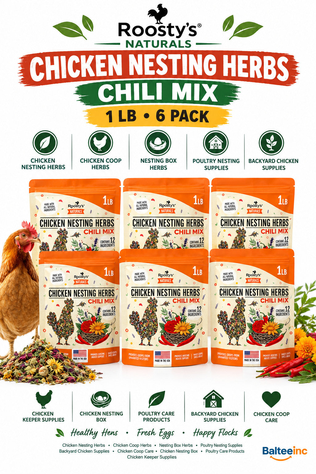 Roosty's Naturals Chicken Nesting Herbs Chili Mix 1LB 6 Pack USA Made - Chicken Feed Supplements product image