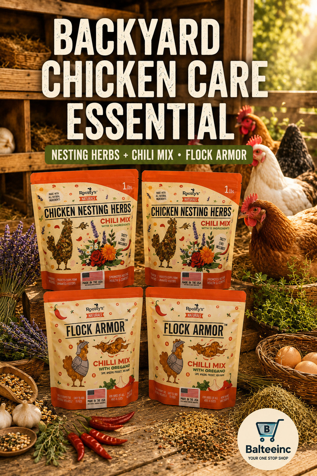 Roosty's Chicken Treats Nesting Herbs Chili Mix + Flock Armor 4 Bags 1lb - Poultry Supplement Bundles product image