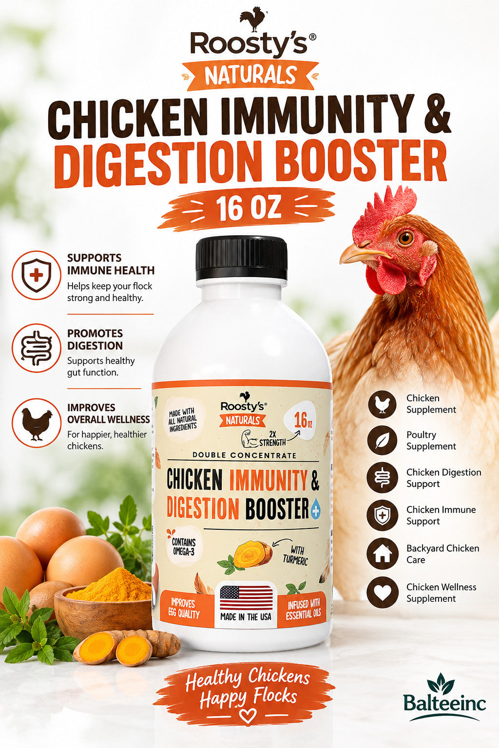 Roosty's Naturals Chicken Immunity Digestion Booster 16oz Omega 3 USA - Poultry Health Supplements product image