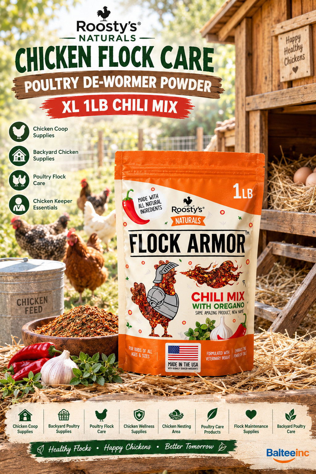 Roosty'S Naturals Flock Armor - Chicken De-Wormer Powder - Chili Mix | XL 1LB - Poultry Deworming Supplements product image