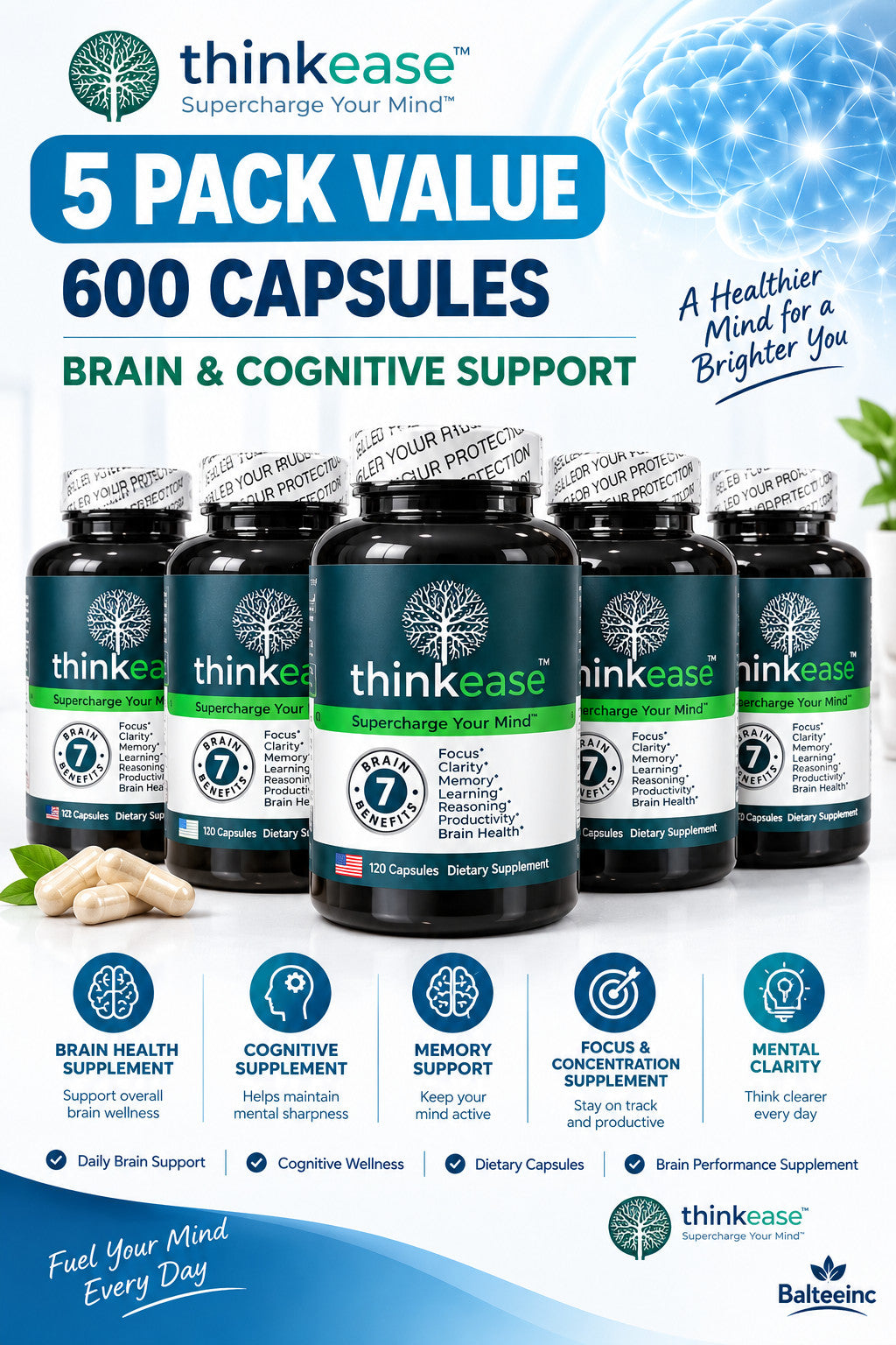 5x ThinkEase Brain Supplement 600 Capsules | Memory Clarity, Focus, Performance - Brain & Focus Supplements product image