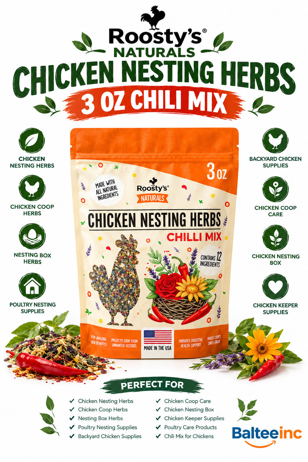 Roosty's Naturals Chicken Nesting Herbs Chili Mix 3 OZ USA Made Poultry - Chicken Feed Supplements product image