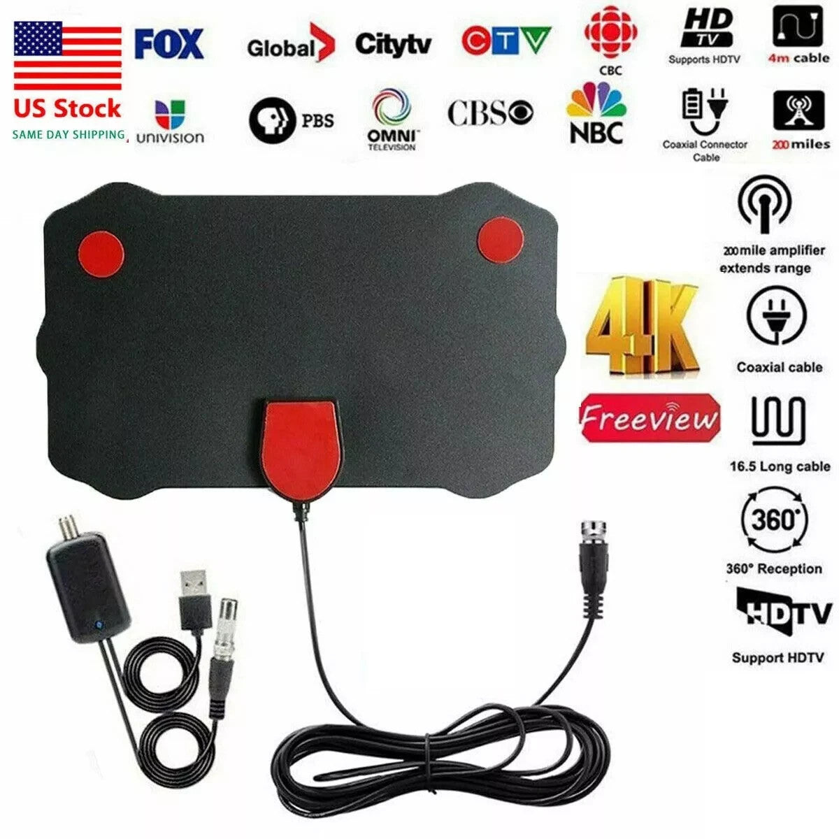 5600 Miles Digital TV Antenna Indoor HDTV Amplified Signal Booster 4K HD 1080P - TV Antennas product image