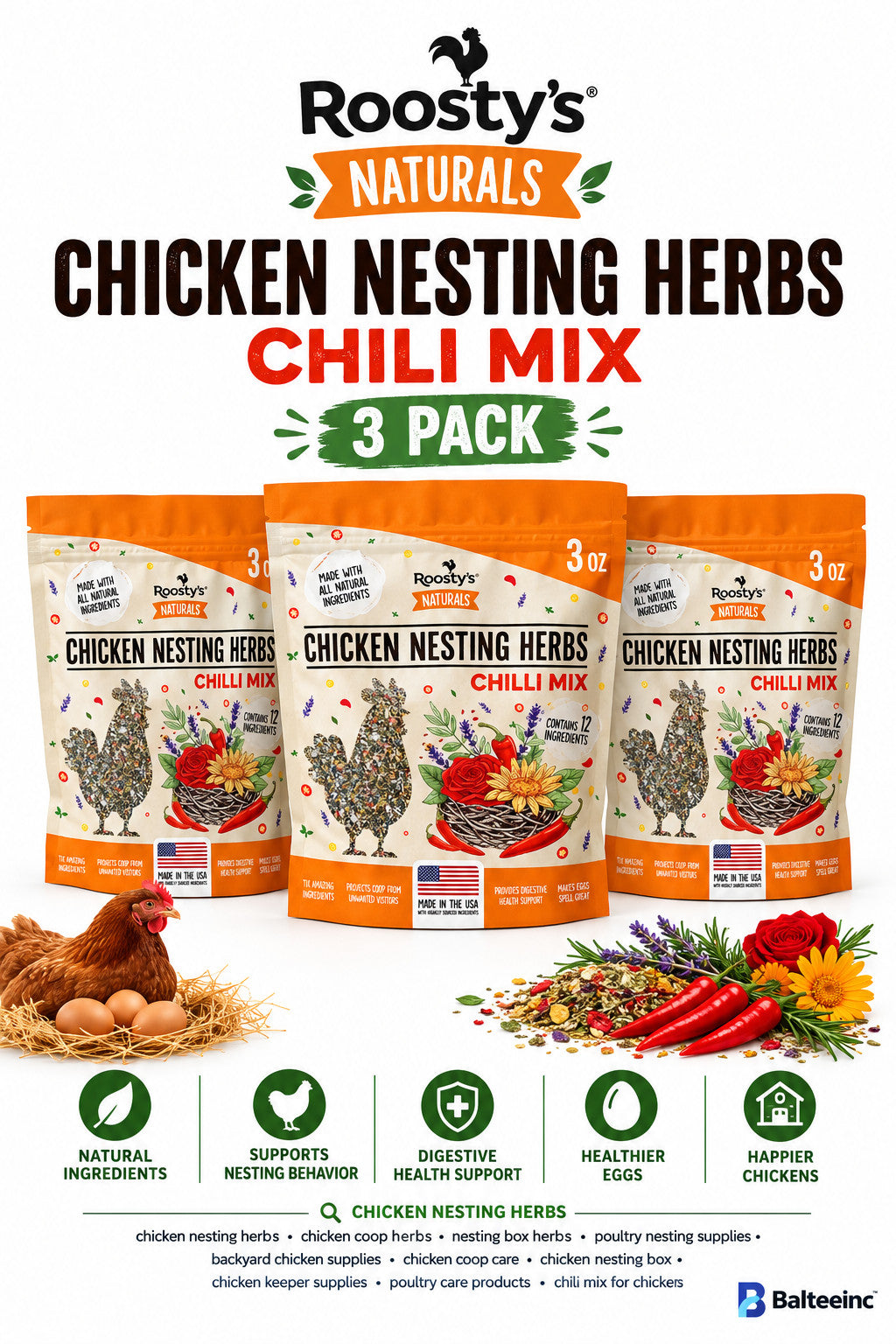 3X Roosty's Naturals Chicken Nesting Herbs Chili Mix 1LB USA Made - Chicken Feed Supplements product image