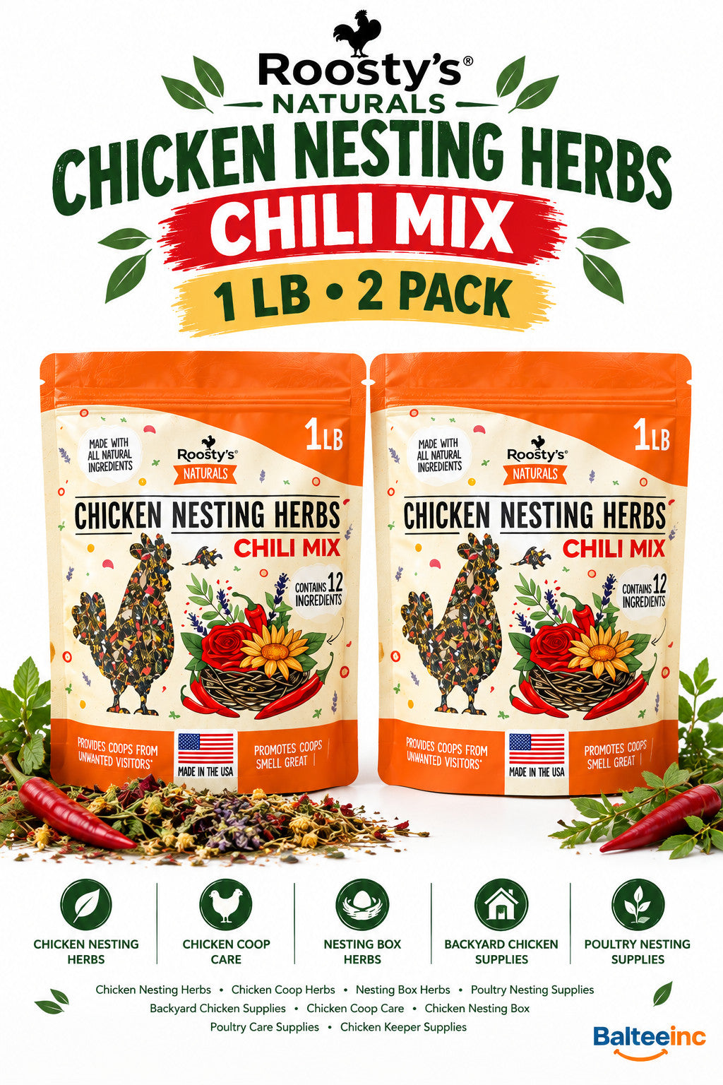 Roosty's Naturals Chicken Nesting Herbs Chili Mix 1LB 2 Pack USA Made - Chicken Feed Supplements product image