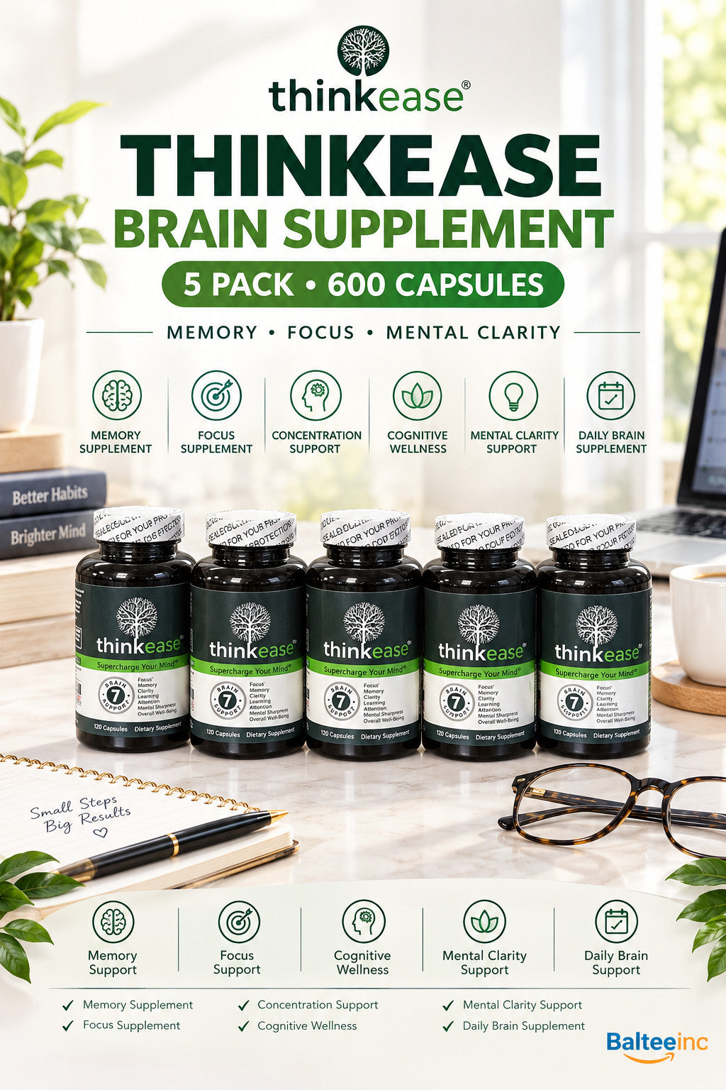 5X ThinkEase Brain Supplement 600 Capsules Memory Focus Clarity Nootropic - Brain & Focus Supplements product image