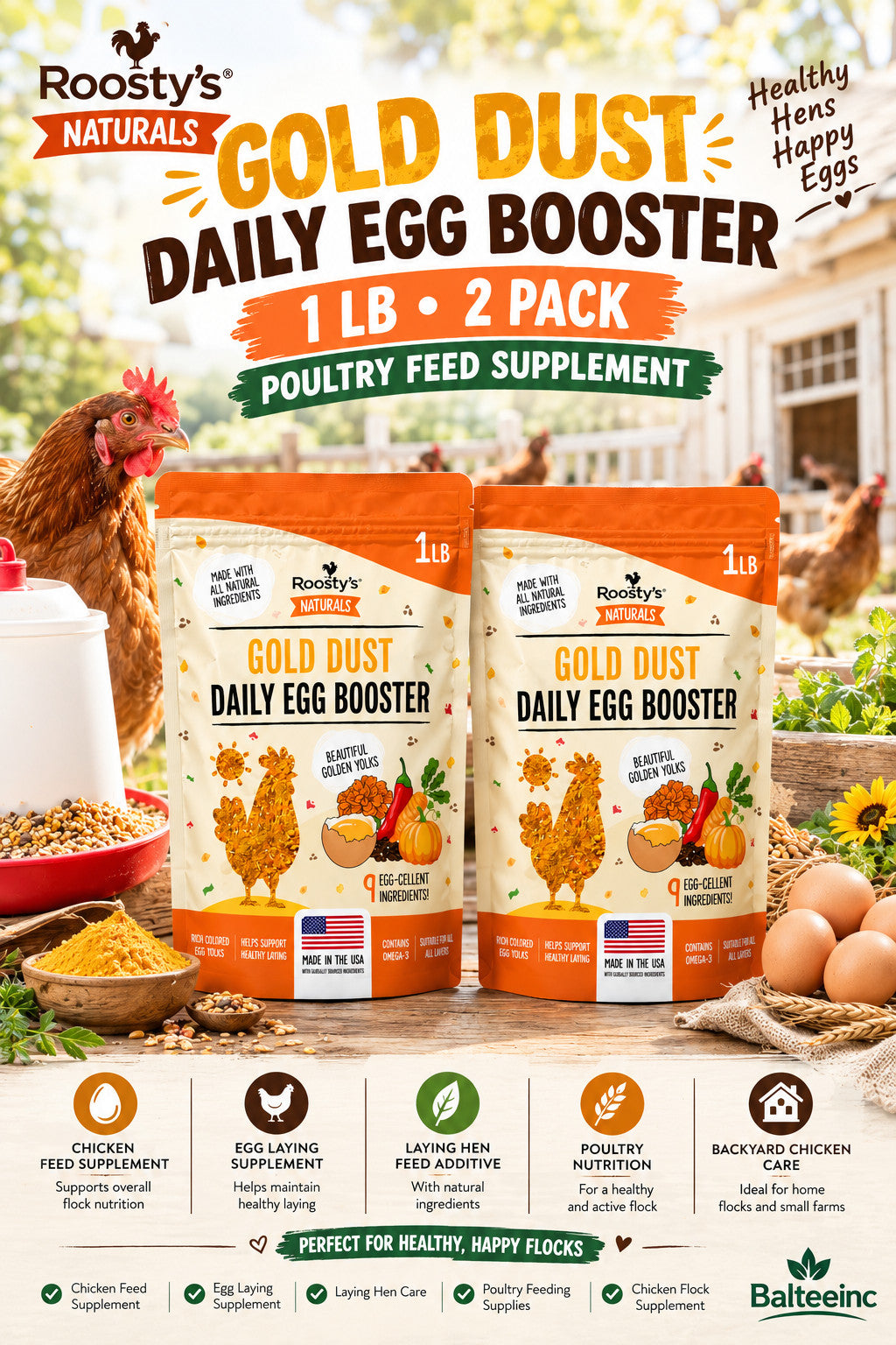 Roosty's Gold Dust Daily Egg Booster 1LB 2 Pack Chicken Feed Additive - Chicken Feed Supplements product image