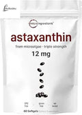 Micro Ingredients Astaxanthin 12mg with MCT Oil, 60 Softgels | Fresh Microalgae - Antioxidant Supplements product image