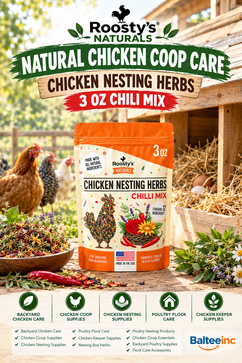 Roosty's Naturals Chicken Nesting Herbs 3 oz Chili Mix - Chicken Feed Supplements product image