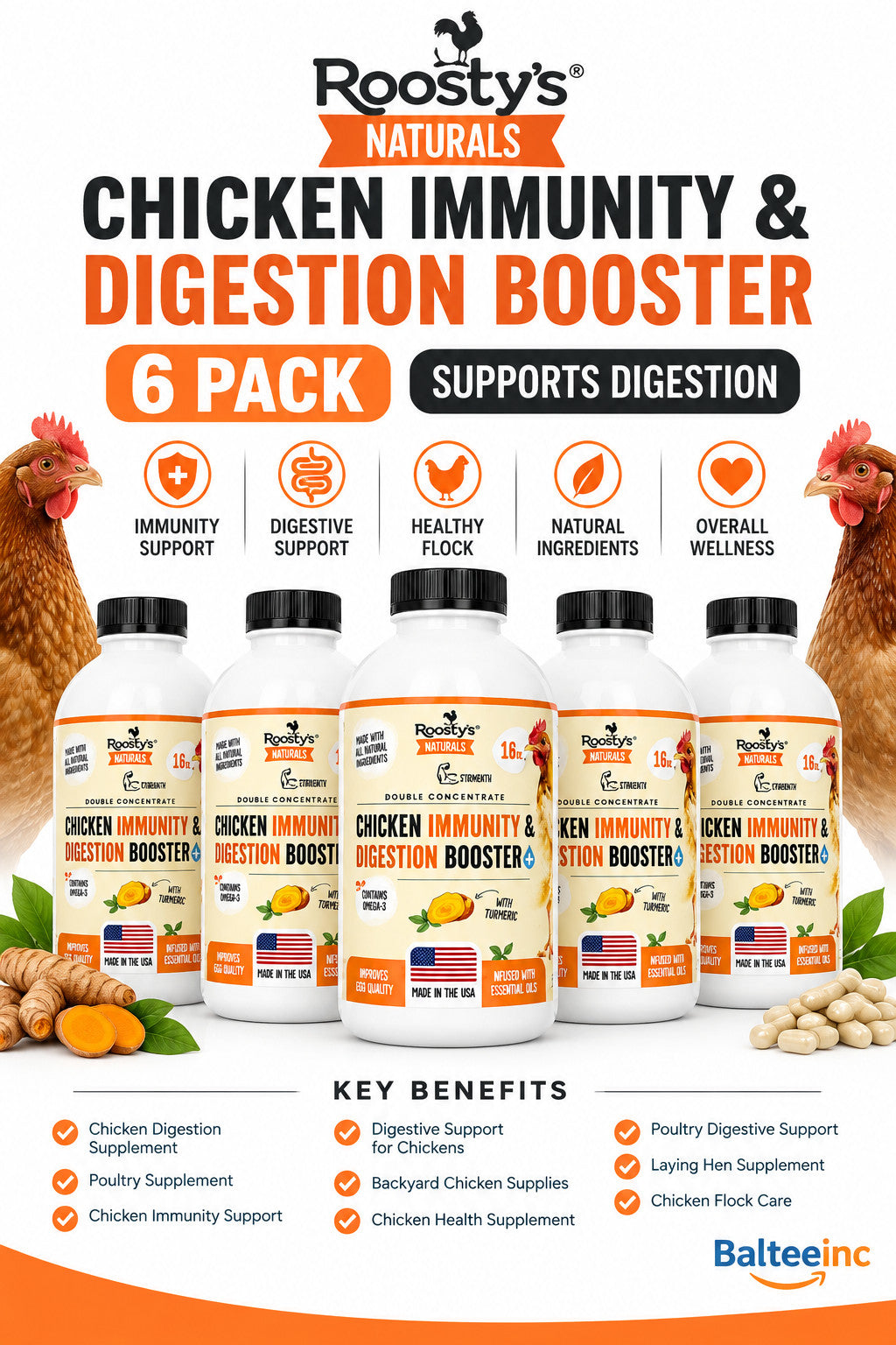 Roosty's Chicken Immunity Digestion Booster 16oz 6 Pack Omega-3 USA Made - Poultry Health Supplements product image