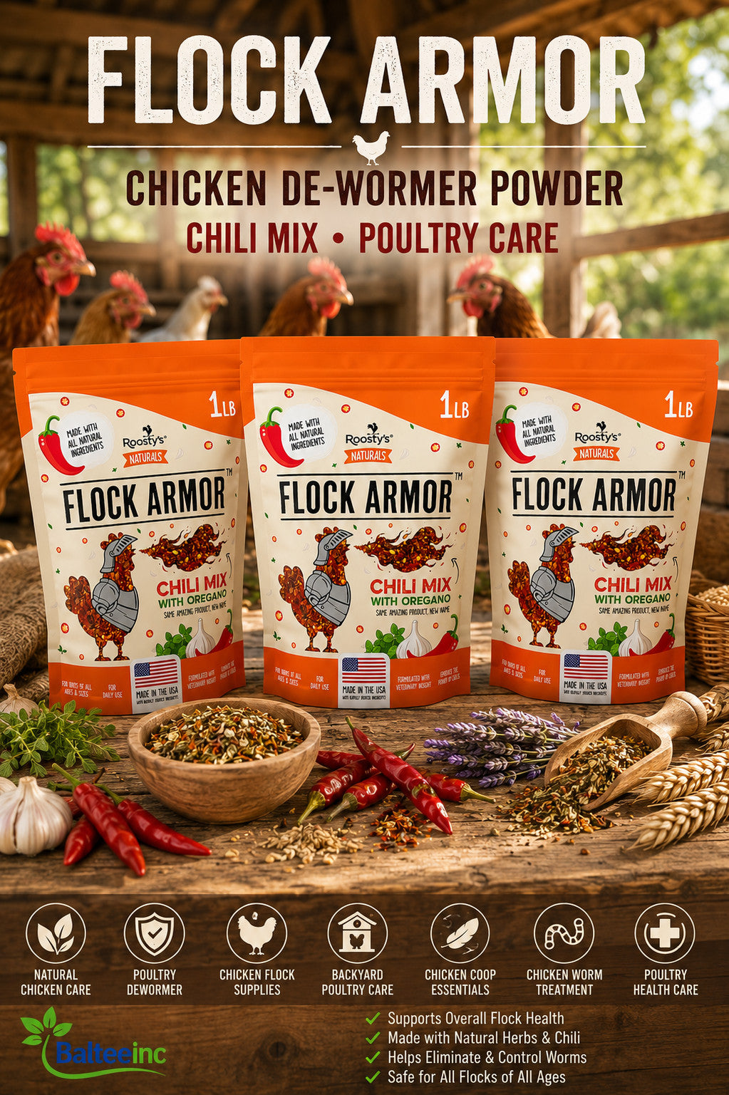 3X Roosty's Naturals Flock Armor Chicken Chili Mix De-Wormer 1LB USA Made - Poultry Deworming Supplements product image