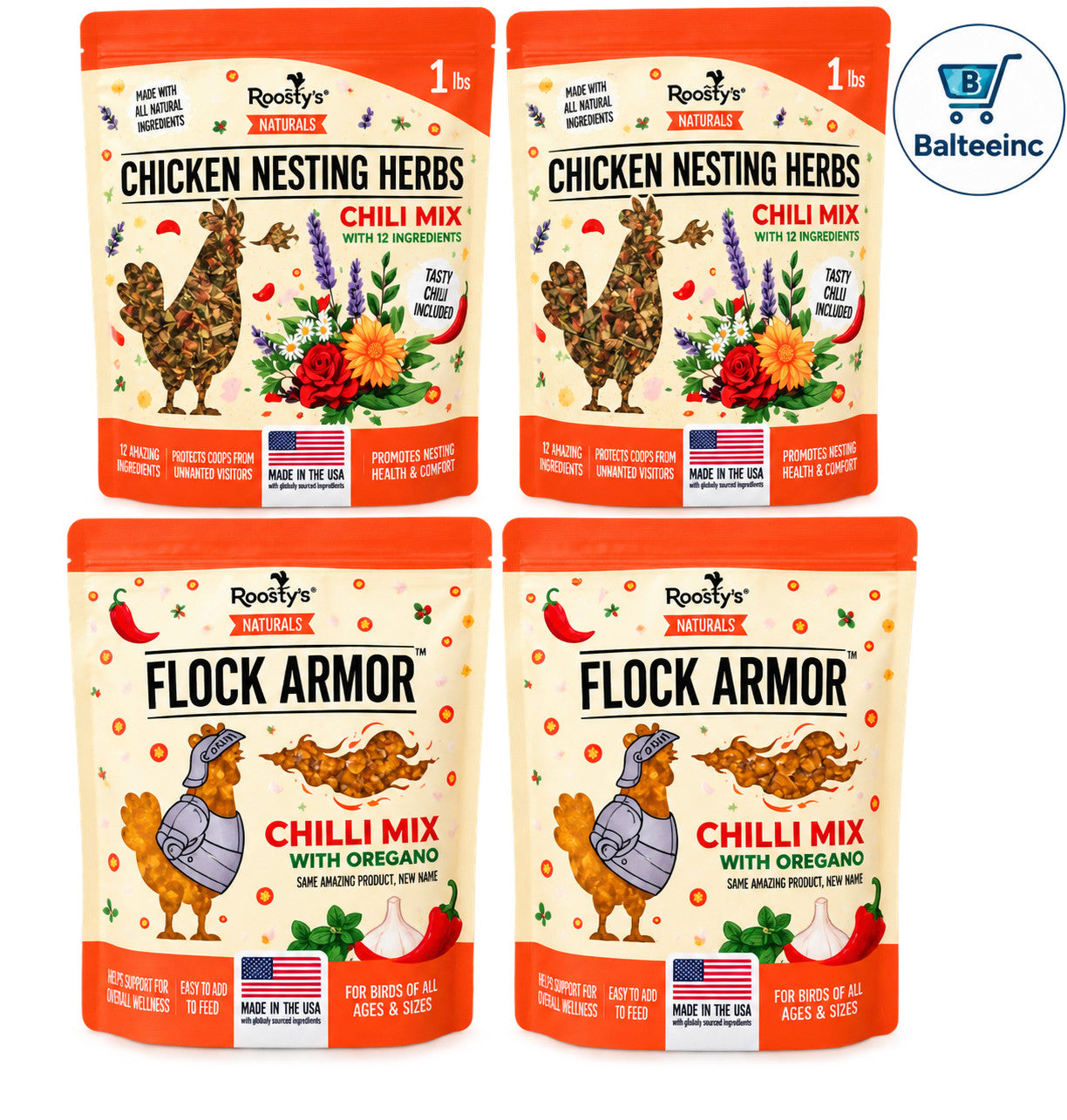 Roosty's Naturals Chicken Treats Nesting Herbs Chili Mix + Flock Armor (4 Bags) - Poultry Supplement Bundles product image