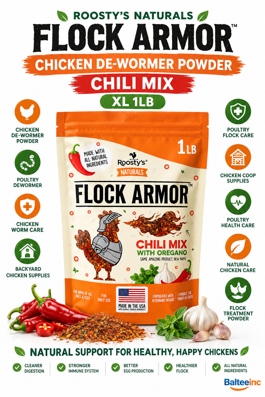 Roosty's Naturals Flock Armor Chicken De-Wormer Chili Mix 1LB USA Made - Poultry Deworming Supplements product image